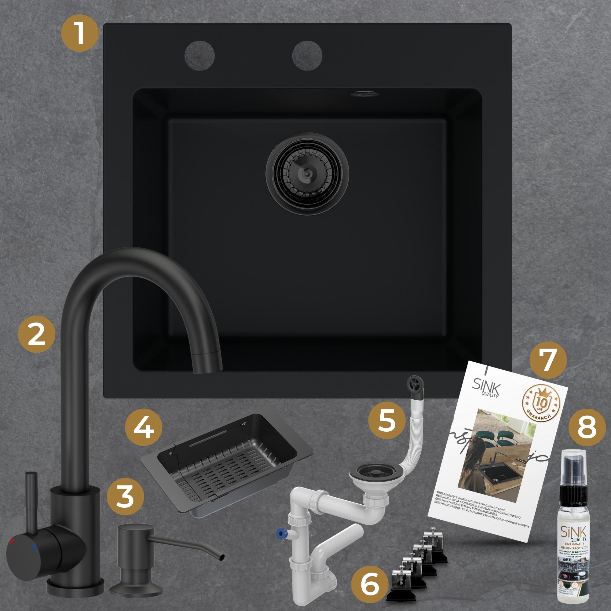 Zestaw gotowy do montażu - zlew, bateria, dozownik, mata, syfon, zaczepy, instrukcja, gwarancja, impregnat